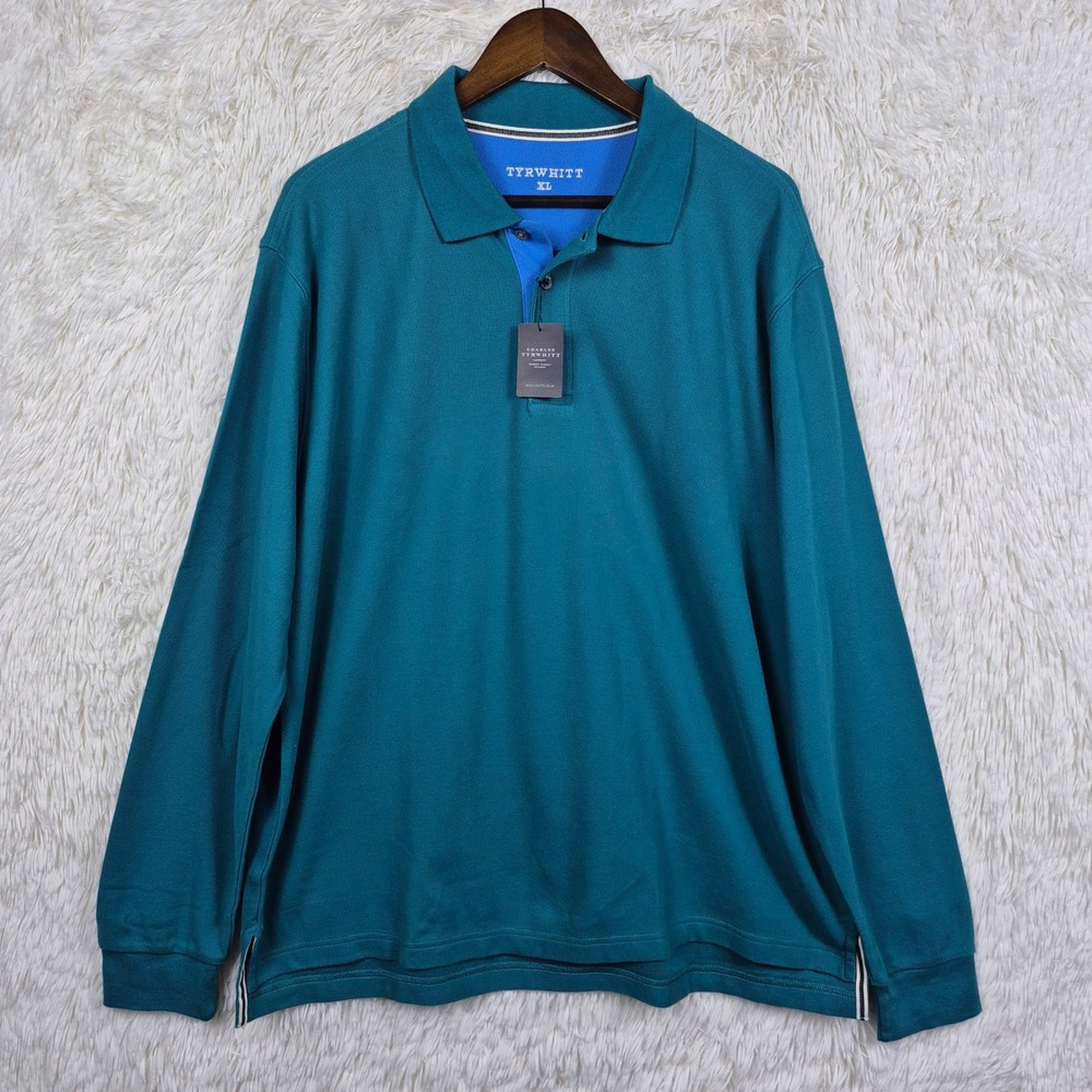 Charles Tyrwhitt Mens Emerald Green Long Sleeve Pique Polo Shirt XL NWT Preppy